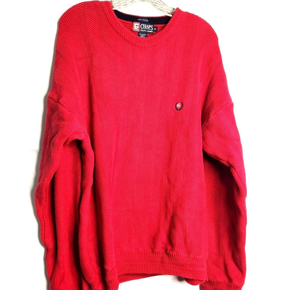 Chaps Ralph Lauren Sweater Size XL Red Herringbone 100% Cotton Warm Heavy Knit